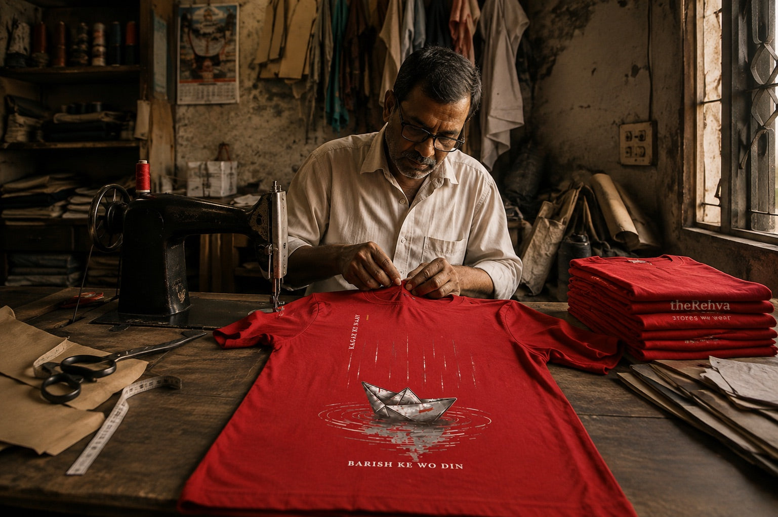 A hand finishing a folded Rehva T-shirt at a well-worn sewing table, beside an antique machine, scissors and a stack of freshly printed tees
