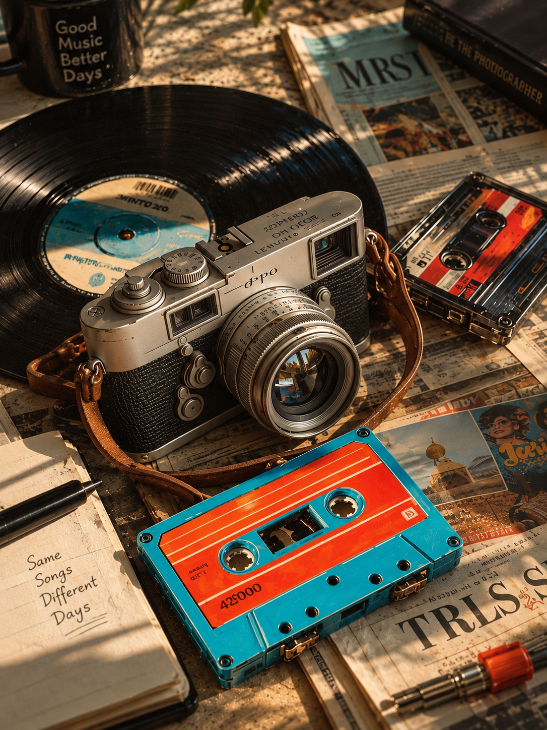 A vintage film camera, vinyl record, cassette tapes and old newspapers in warm afternoon light